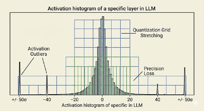 Illustration of why naive quantization fails on LLMs